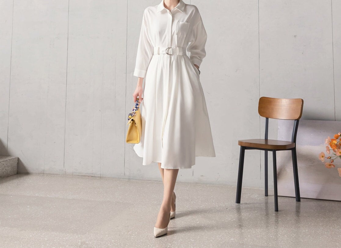 Elegant Feminin Shirtdress with Belt / Korean Style Hidden Button Long Dress / Spring Summer Midi Dress in Ivory Color