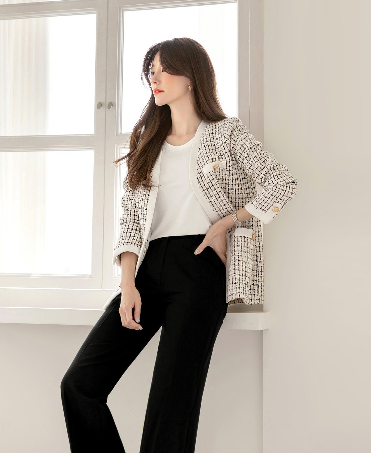 Elegant Check Tweed Jacket Cardigan / Korean Style Classic Cardigan / Long Sleeve Soft Jacket