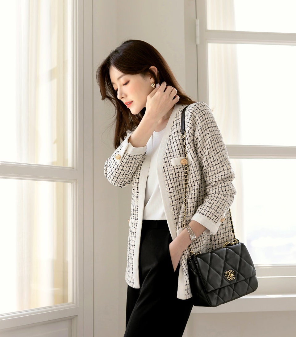 Elegant Check Tweed Jacket Cardigan / Korean Style Classic Cardigan / Long Sleeve Soft Jacket