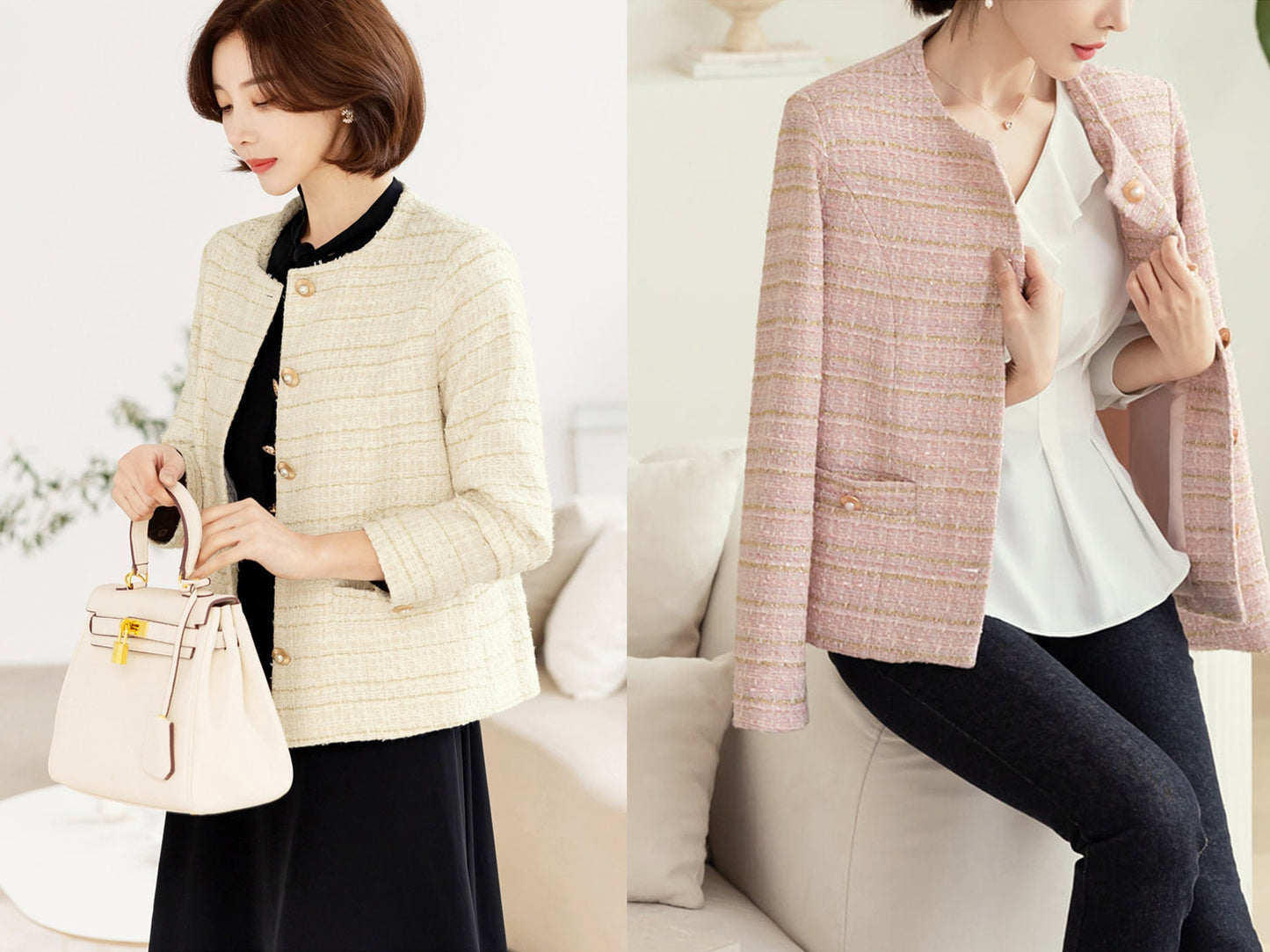 Elegant Check Tweed Jacket / Korean Style Classic Femine Jacket / Long Sleeve Soft Jacket Pink, Ivory