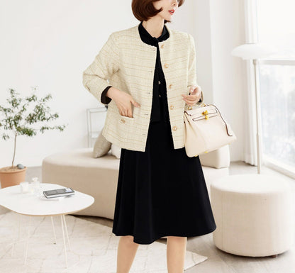 Elegant Check Tweed Jacket / Korean Style Classic Femine Jacket / Long Sleeve Soft Jacket Pink, Ivory