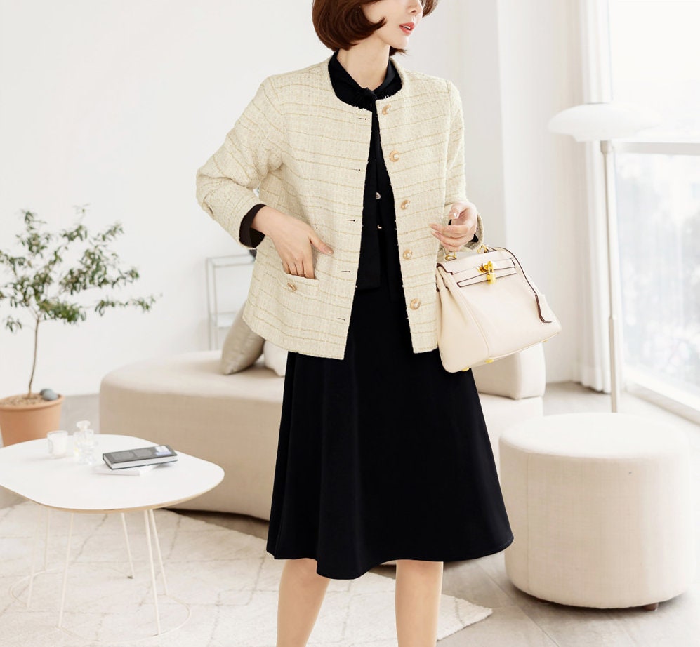 Elegant Check Tweed Jacket / Korean Style Classic Femine Jacket / Long Sleeve Soft Jacket Pink, Ivory