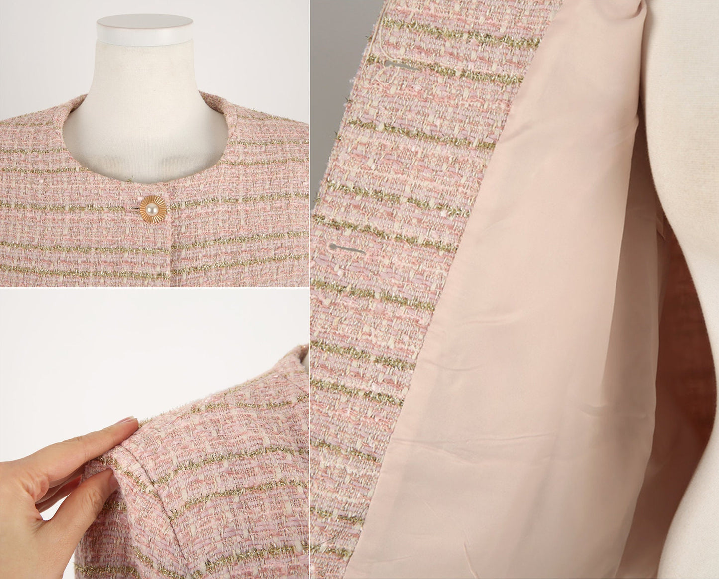 Elegant Check Tweed Jacket / Korean Style Classic Femine Jacket / Long Sleeve Soft Jacket Pink, Ivory