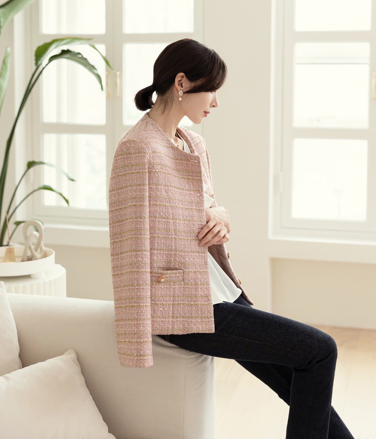 Elegant Check Tweed Jacket / Korean Style Classic Femine Jacket / Long Sleeve Soft Jacket Pink, Ivory