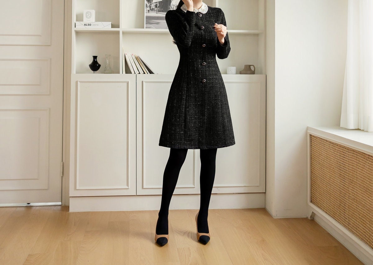 Elegant Black Tweed Dress / Korean Style Mini Dress / Luxury wear Elegant Black Dress