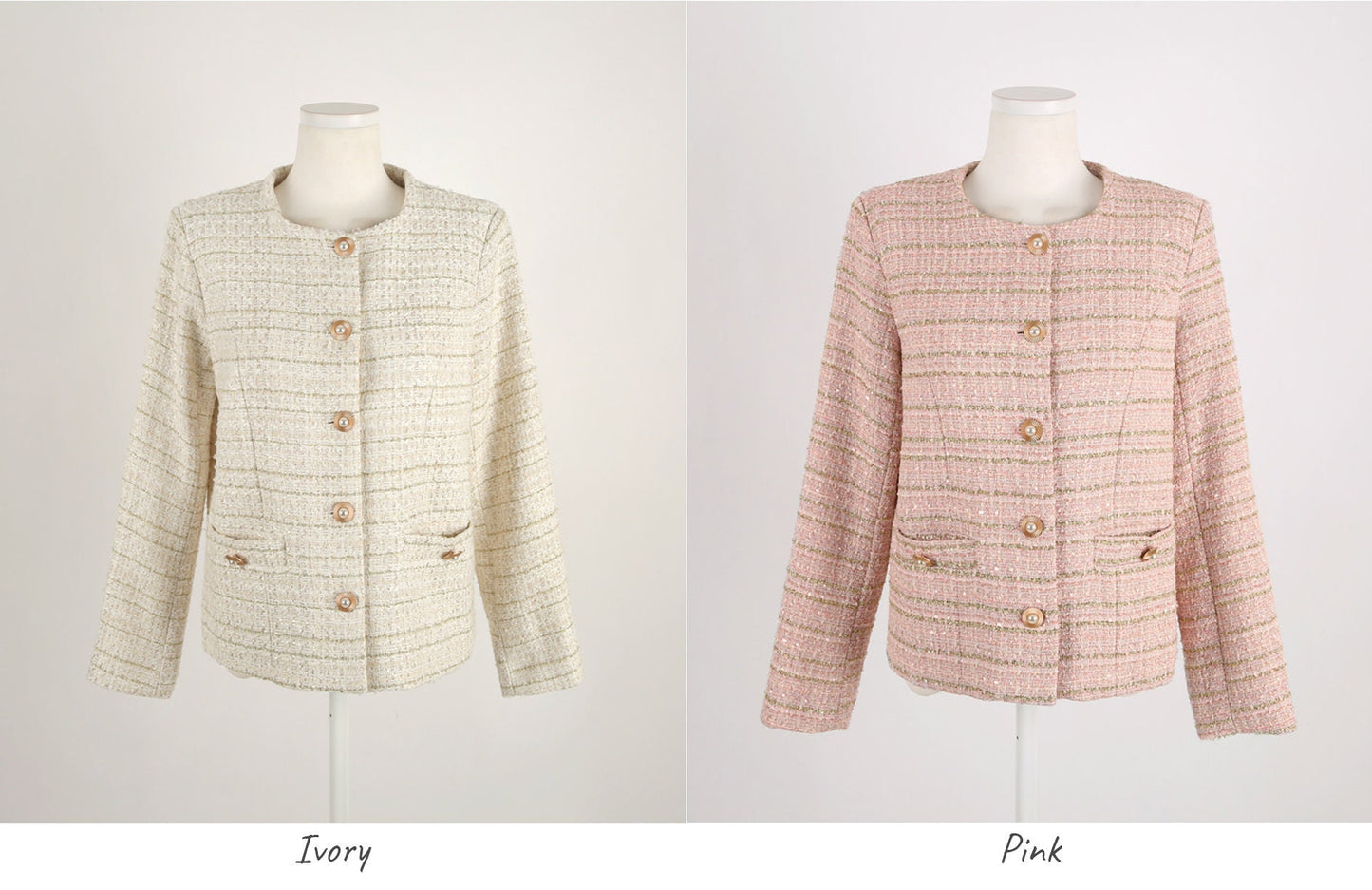 Elegant Check Tweed Jacket / Korean Style Classic Femine Jacket / Long Sleeve Soft Jacket Pink, Ivory