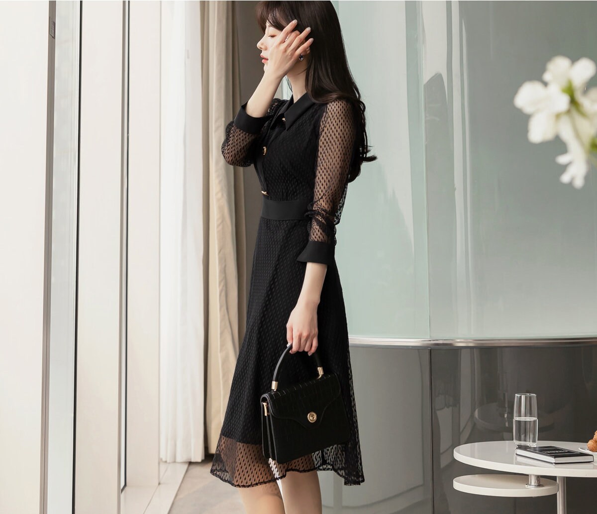 Front Button Black Polka Dot Lace Midi Dress / Korean Style Elegant Black Feminin Midi Dress / Long Sleeve Spring Summer Midi Dress