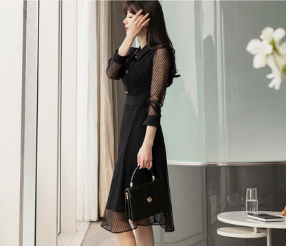 Front Button Black Polka Dot Lace Midi Dress / Korean Style Elegant Black Feminin Midi Dress / Long Sleeve Spring Summer Midi Dress