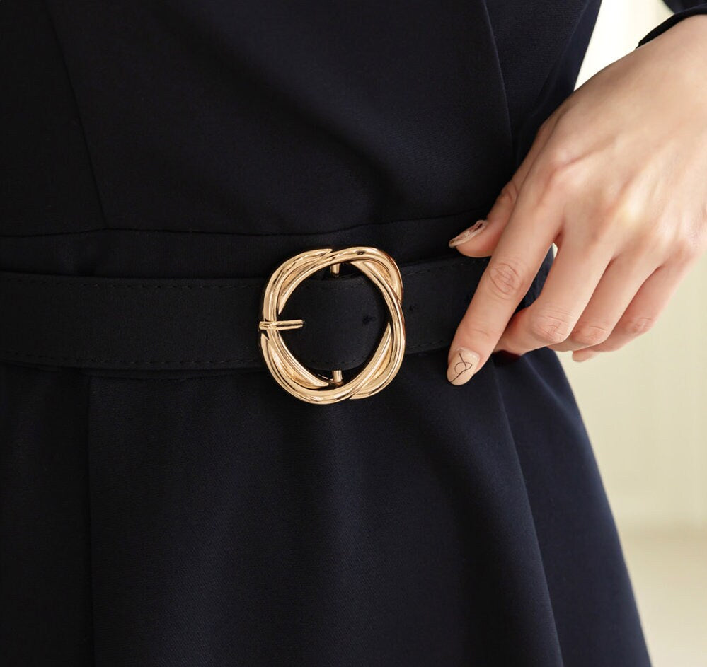 Elegant Flare Dress with Belt / Korean Style V Neck Navy Midi Dress with Long Sleeve / Luxury wear Elegant Dress