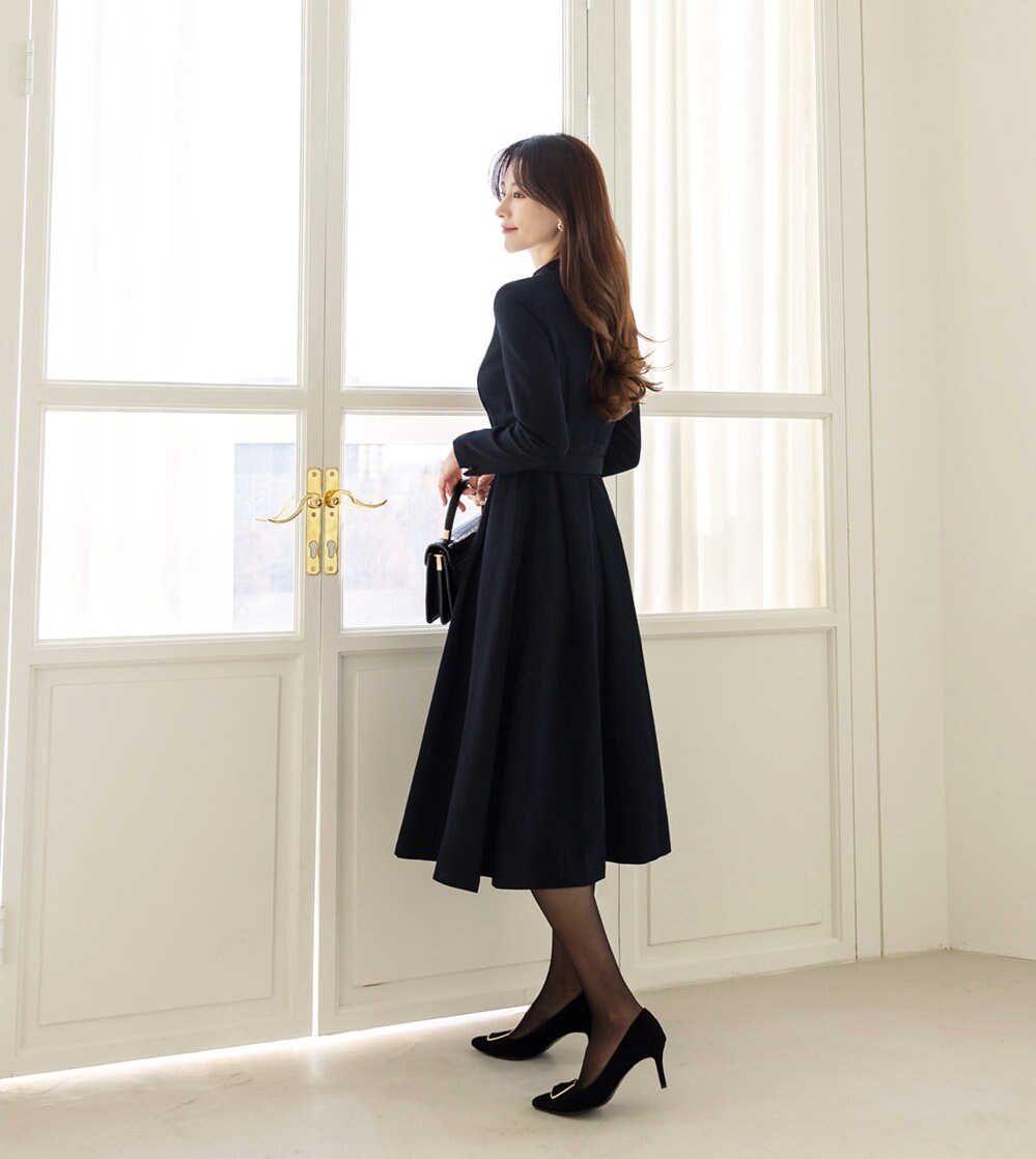 Elegant Flare Dress with Belt / Korean Style V Neck Navy Midi Dress with Long Sleeve / Luxury wear Elegant Dress