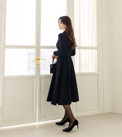 Elegant Flare Dress with Belt / Korean Style V Neck Navy Midi Dress with Long Sleeve / Luxury wear Elegant Dress