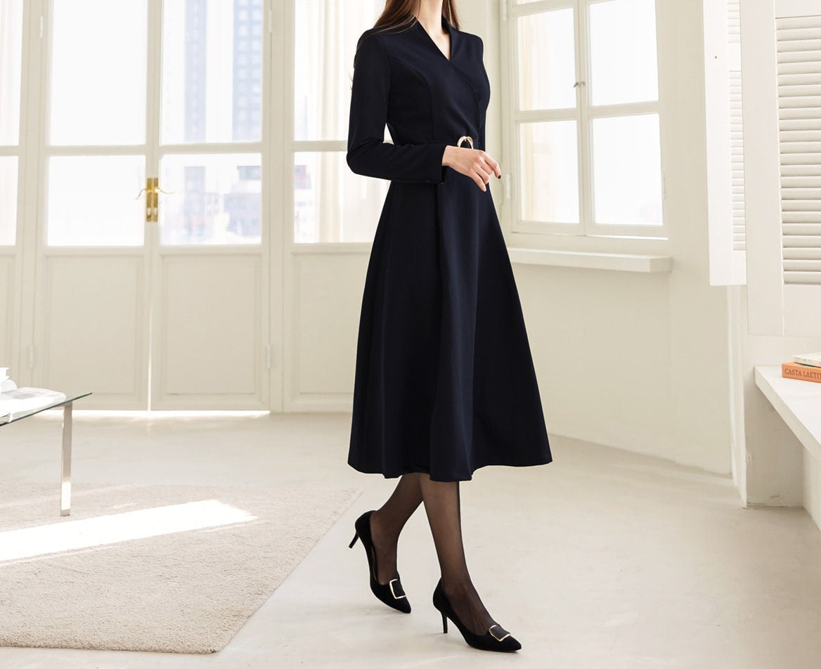 Elegant Flare Dress with Belt / Korean Style V Neck Navy Midi Dress with Long Sleeve / Luxury wear Elegant Dress