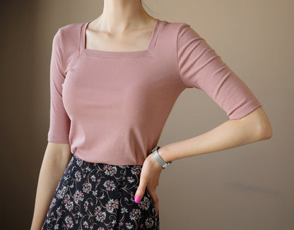 Spring Summer Half Sleeve Square Neck Top / Korean Style Women Clothes / Office Look Basic Top / Everyday Soft Blouse