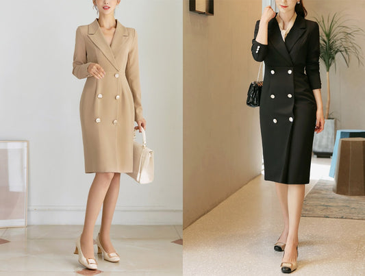 V Neck Double Breasted Dress / Korean Style Elegant Feminin Mini Dress / Long Sleeve Modern Chic Midi Dress