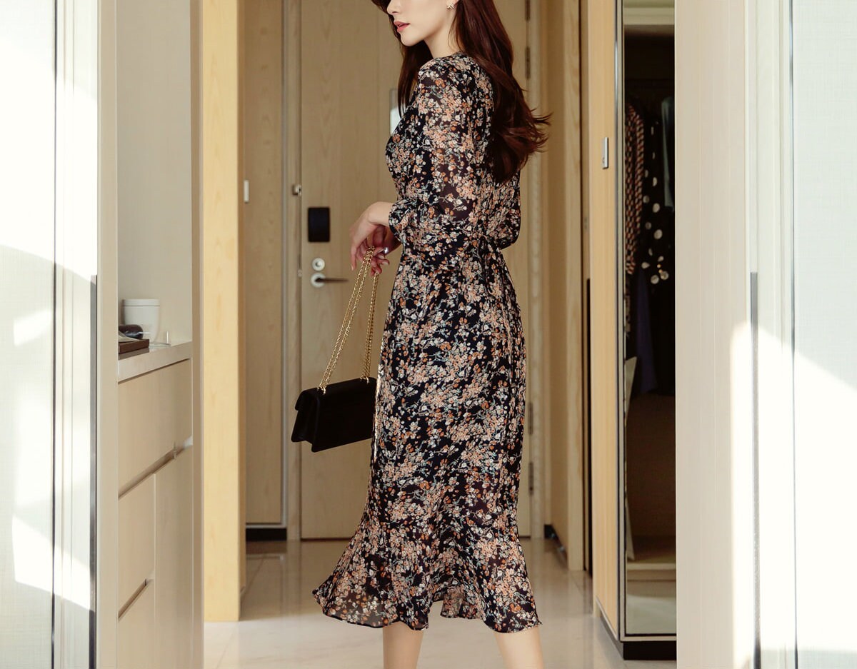 V Neck Floral Chiffon Long Dress / Long Sleeve Spring Summer Midi Dress / Korean Style Feminin Midi Dress