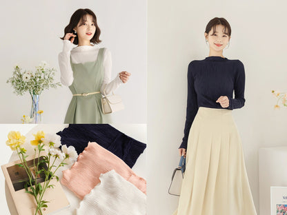 Long Sleeve Crease Wrinkle Top / Korean Style Women Top / Office Look Half Neck Top / Everyday Basic Soft Top