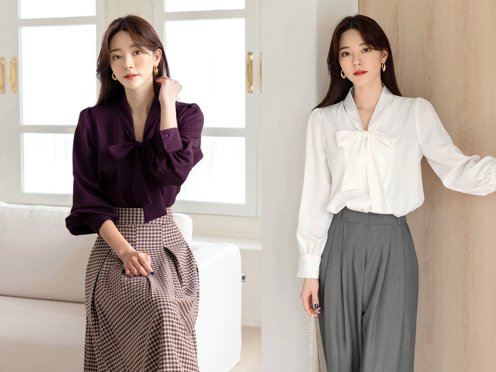 Modern Chic Style Tie Blouse / Korean Style Tie Neck Blouse Top / Office Look Top / Everyday Soft Blouse