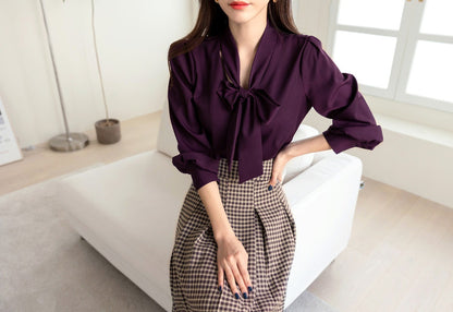 Modern Chic Style Tie Blouse / Korean Style Tie Neck Blouse Top / Office Look Top / Everyday Soft Blouse