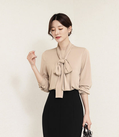 Basic Style Soft Jersey Blouse with Tie / Korean Style Tie Neck Blouse Top / Office Look Top / Everyday Soft Blouse