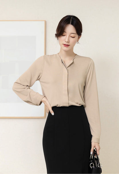 Basic Style Soft Jersey Blouse with Tie / Korean Style Tie Neck Blouse Top / Office Look Top / Everyday Soft Blouse