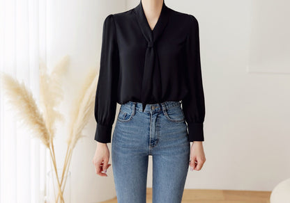 Long Sleeve with Tie Blouse / Korean Style Luxury Feminine Women Clothes / Stylish Office Look Top / Everyday Soft Blouse