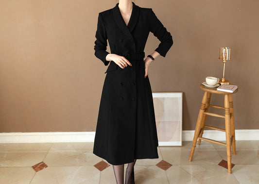 Korean Style Double Breasted Blazer Dress / V Neck Elegant Feminin Long Dress with Belt / Jacket Style Modern Chic Midi Dress