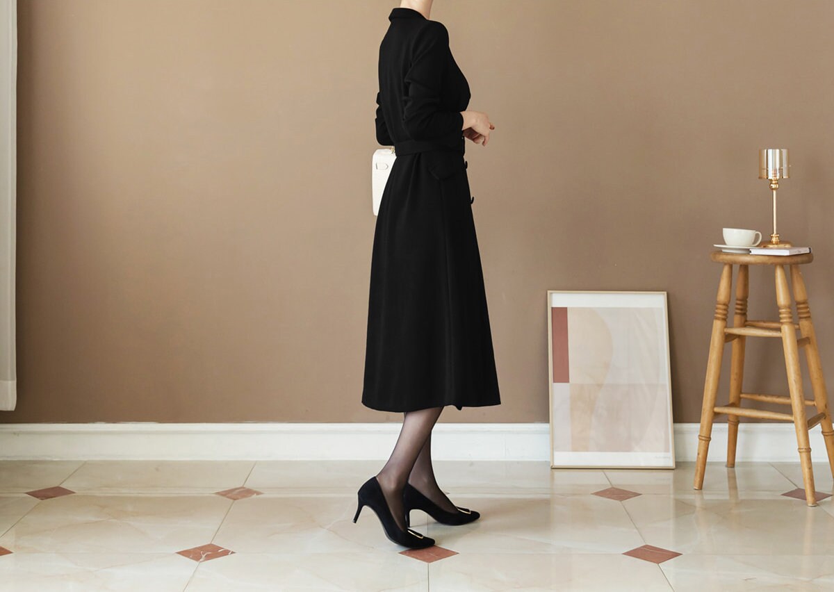 Korean Style Double Breasted Blazer Dress / V Neck Elegant Feminin Long Dress with Belt / Jacket Style Modern Chic Midi Dress