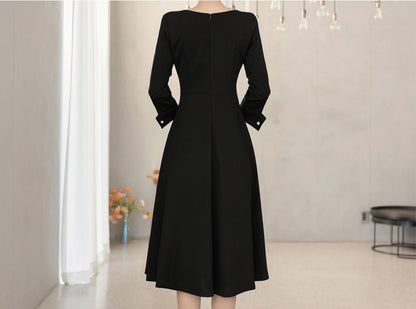 Elegant Black Flare Dress / Korean Style Boat Neck Midi Dress / Clasic Simple Flare Dress