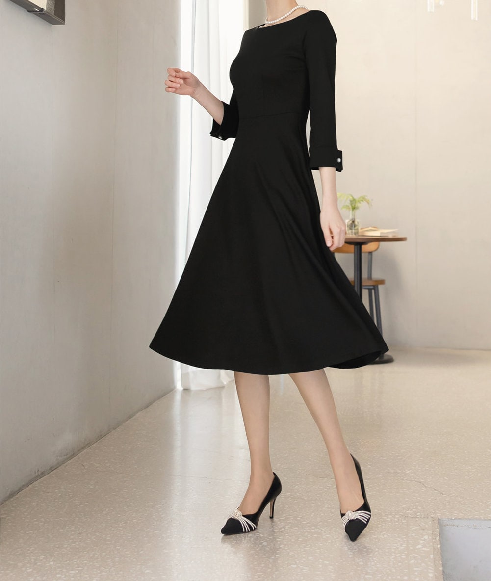 Elegant Black Flare Dress / Korean Style Boat Neck Midi Dress / Clasic Simple Flare Dress