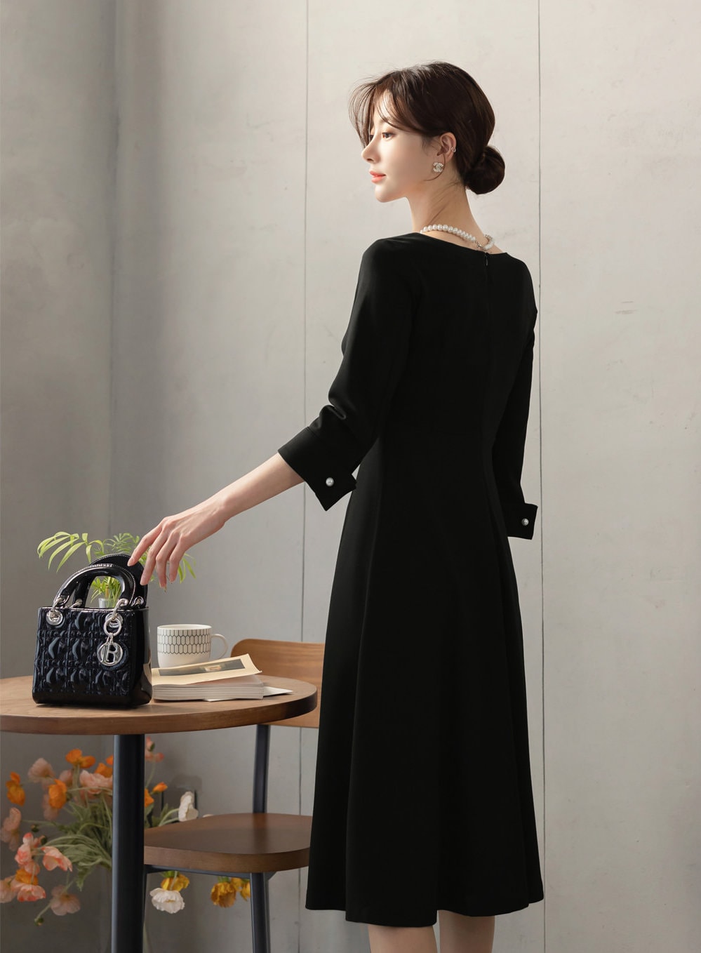 Elegant Black Flare Dress / Korean Style Boat Neck Midi Dress / Clasic Simple Flare Dress