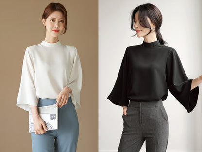 Modern Chic Cape Silhouette Blouse / Korean Style Long Wide Sleeve Office Look Top / Everyday Soft Blouse / Party Top