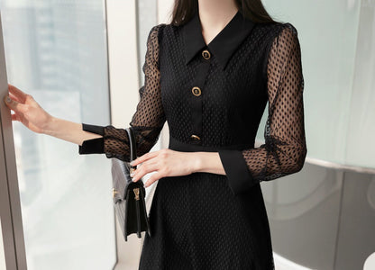 Front Button Black Polka Dot Lace Midi Dress / Korean Style Elegant Black Feminin Midi Dress / Long Sleeve Spring Summer Midi Dress