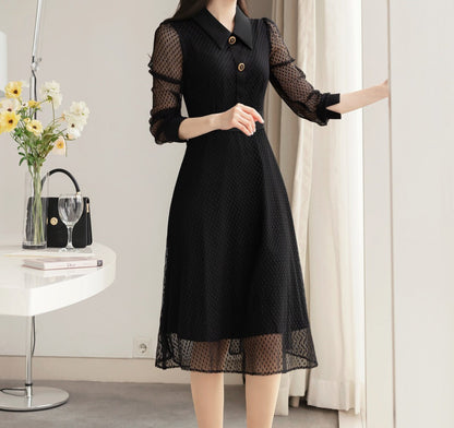 Front Button Black Polka Dot Lace Midi Dress / Korean Style Elegant Black Feminin Midi Dress / Long Sleeve Spring Summer Midi Dress