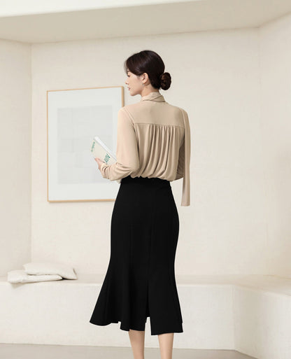 Basic Style Soft Jersey Blouse with Tie / Korean Style Tie Neck Blouse Top / Office Look Top / Everyday Soft Blouse