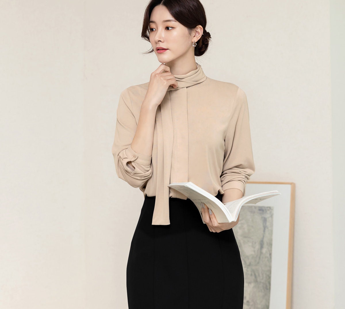 Basic Style Soft Jersey Blouse with Tie / Korean Style Tie Neck Blouse Top / Office Look Top / Everyday Soft Blouse