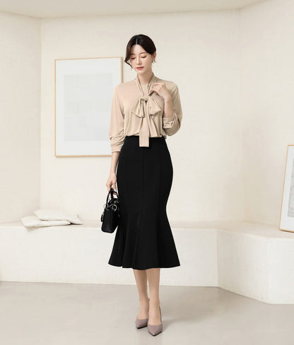 Basic Style Soft Jersey Blouse with Tie / Korean Style Tie Neck Blouse Top / Office Look Top / Everyday Soft Blouse