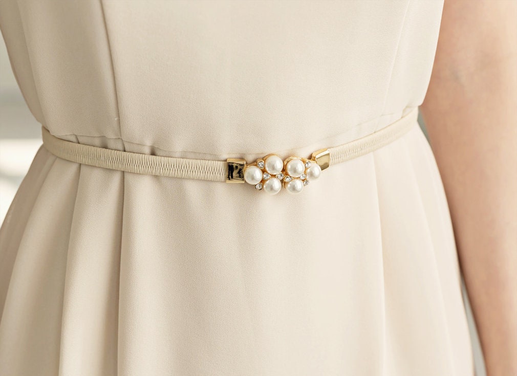 Elegant Feminine Jewel Belt / Korean Style Pearl Beige Elastic Belt / Luxury wear Elegant Belt