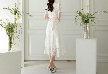 Short Sleeve Ivory Lace Dress / Vintage Style Front Button Wedding Dress / Korean Style V-neck Feminine Dress / Elegant Unique Bridal Dress