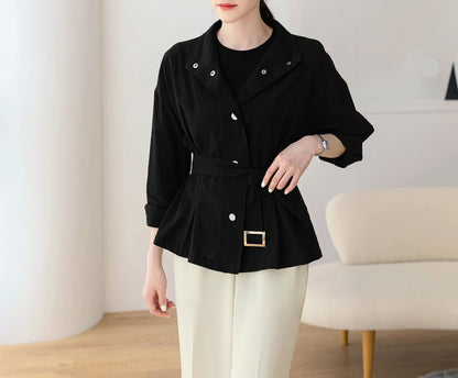 Korean Style Short Jacket Blouse / Spring Summer Top Jacket with Belt / Everyday Soft Jacket