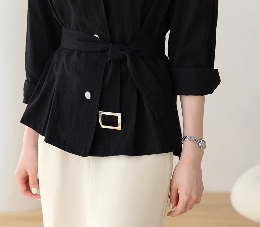 Korean Style Short Jacket Blouse / Spring Summer Top Jacket with Belt / Everyday Soft Jacket