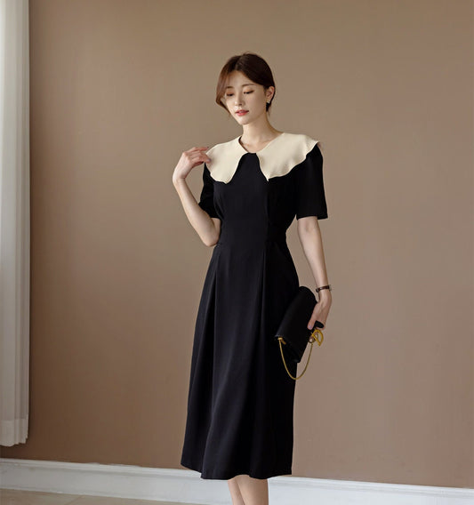 Feminine Elegant Dress / Korean Style Midi Dress with Short Sleeve / Elegant Dress with waist strap