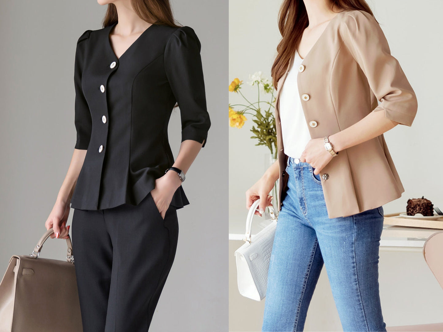 Elegant Unique Peplum Top Jacket / Korean Style Feminin Style V Neck Summer Top Jacket / Front Button Top Jacket / Daily Top Jacket