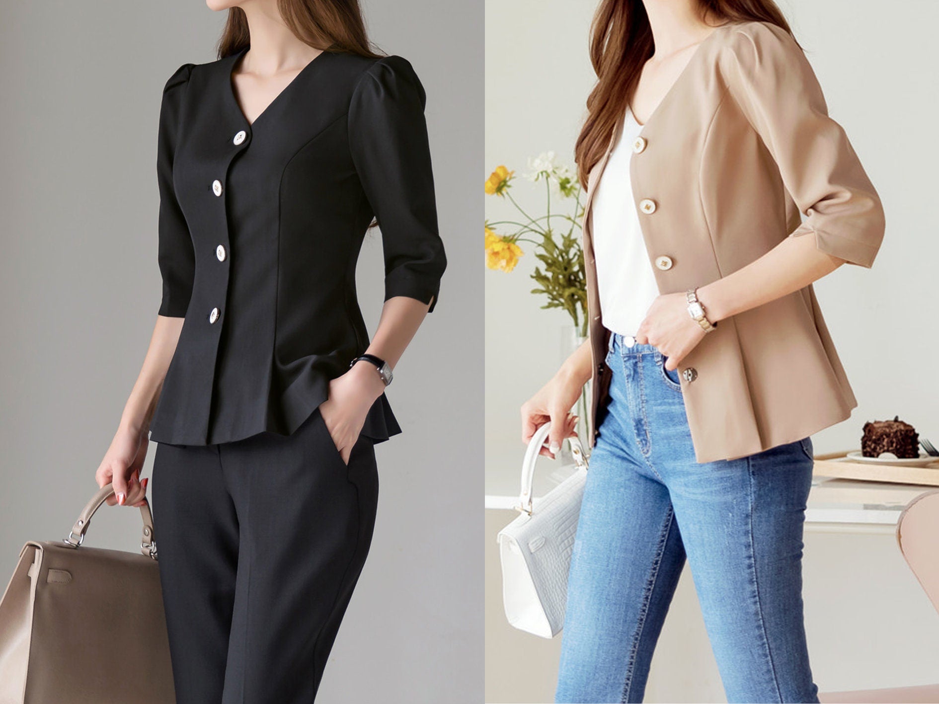 Elegant Unique Peplum Top Jacket / Korean Style Feminin Style V Neck Summer Top Jacket / Front Button Top Jacket / Daily Top Jacket