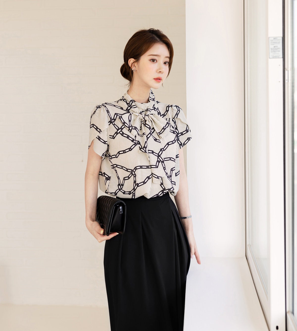 Soft Blouse High Neck Top with Tie / Korean Style Tie Neck Blouse Top for Summer / Office Look Top / Everyday Short Sleeve Blouse