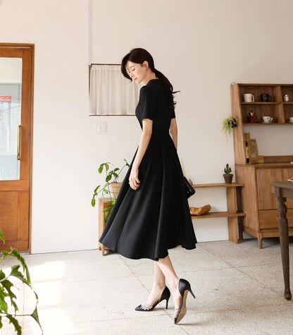 Elegant Feminin Flare Dress with Belt / Korean Style Belt Point Simple Midi Dress / Spring Summer Basic Short Sleeve V Neck Dress