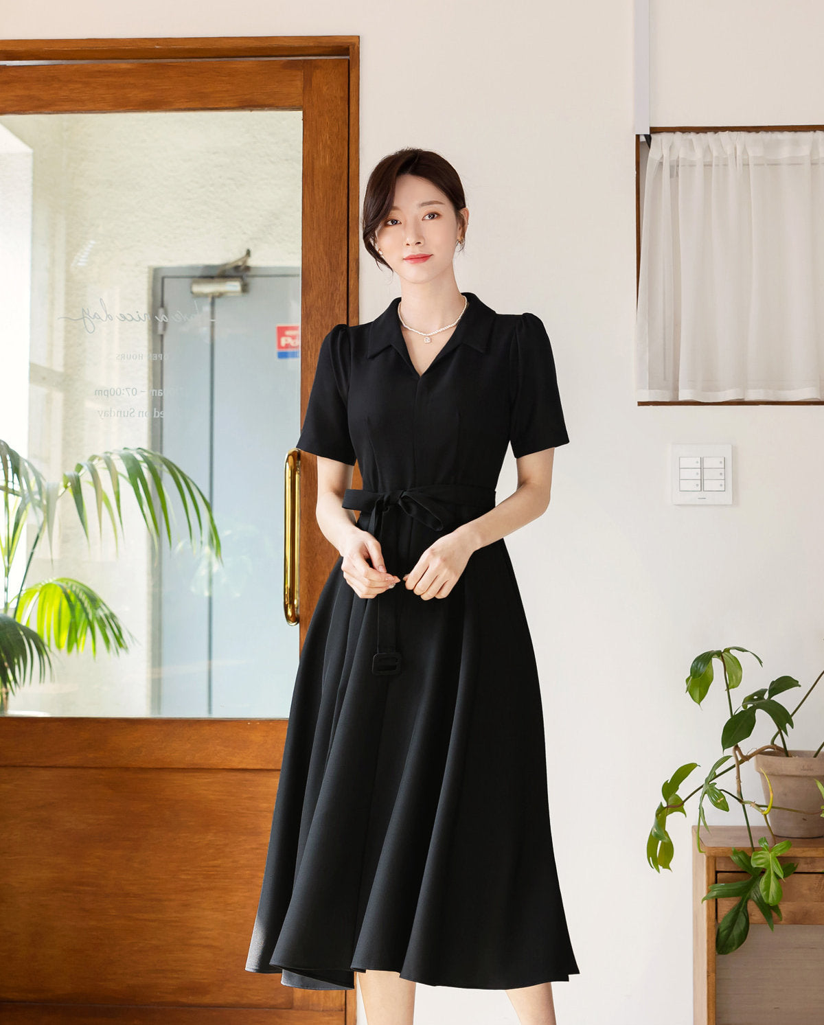 Elegant Feminin Flare Dress with Belt / Korean Style Belt Point Simple Midi Dress / Spring Summer Basic Short Sleeve V Neck Dress