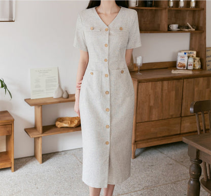 Short Sleeve H-Line Midi Dress / Elegant Front Button Dress / Korean Style V-neck Simple Dress / Luxury Unique Tweed Dress for Spring Summer