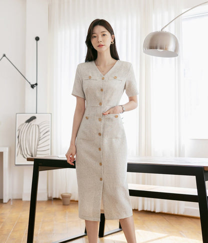 Short Sleeve H-Line Midi Dress / Elegant Front Button Dress / Korean Style V-neck Simple Dress / Luxury Unique Tweed Dress for Spring Summer