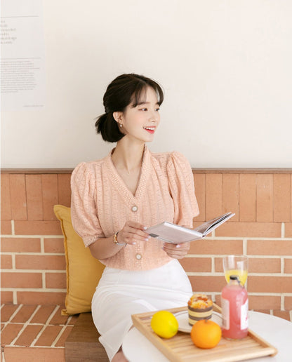 Elegant Half Sleeve Lace Trimming Blouse Top / Korean Style Feminin Blouse / Front Button V Neck Top / Daily Blouse Top for Summer