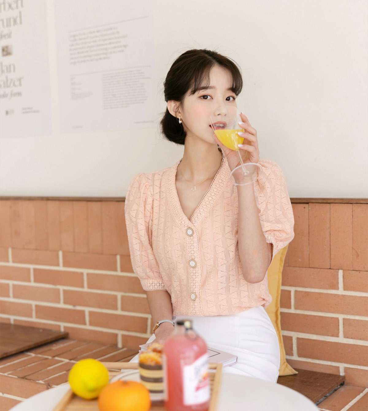 Elegant Half Sleeve Lace Trimming Blouse Top / Korean Style Feminin Blouse / Front Button V Neck Top / Daily Blouse Top for Summer